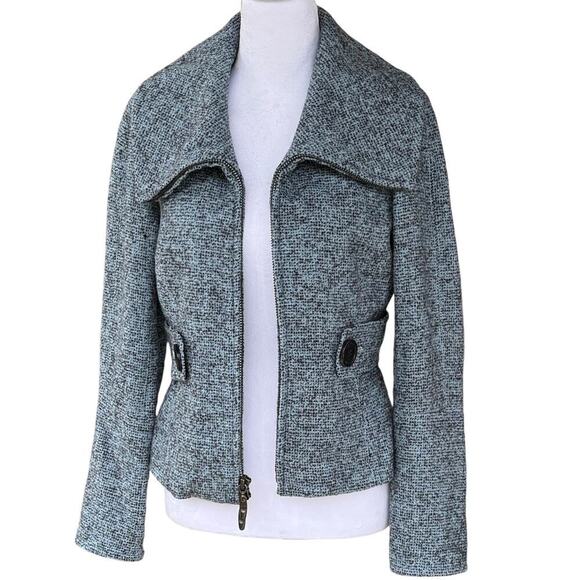 Wool Jacket Cropped Blazer Wool Size 2 Blue Full Zip Details - Picture 2 of 9